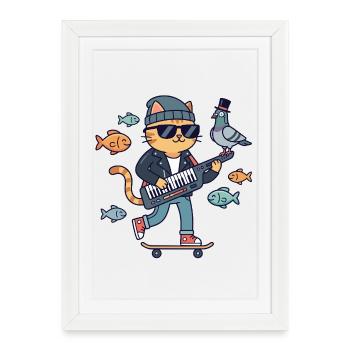 Cats Rocker sur skateboard Clavier - Affiche encadrée (27 × 37 cm) - blanc - Devant