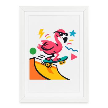 Flamingo Skateboard Neon - Affiche encadrée (27 × 37 cm) - blanc - Devant