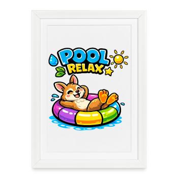 Pool Relax : Corgi joyeux dans un canot pneumatique - Affiche encadrée (27 × 37 cm) - blanc - Devant