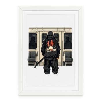 U-Bahn Ninja mit rotem Kanji - Gerahmtes Poster (27 × 37 cm) - Weiß - Vorne