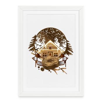 Cabane confortable de bûcherons dans la forêt hivernale - Affiche encadrée (27 × 37 cm) - blanc - Devant