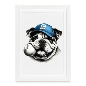 Bouledogue anglais Baseball Chien - Affiche encadrée (27 × 37 cm) - blanc - Devant