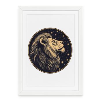 Lion avec ciel étoilé - Affiche encadrée (27 × 37 cm) - blanc - Devant