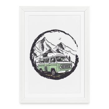 Camping-car rétro dans le cercle de la montagne - Affiche encadrée (27 × 37 cm) - blanc - Devant