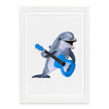 Dauphin avec guitare – le groove de la mer rencontre le rock - Affiche encadrée (27 × 37 cm) - blanc - Devant