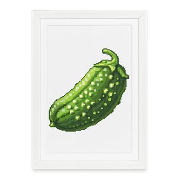 Pixel Concombre Vert Rétro - Affiche encadrée (27 × 37 cm) - blanc - Devant