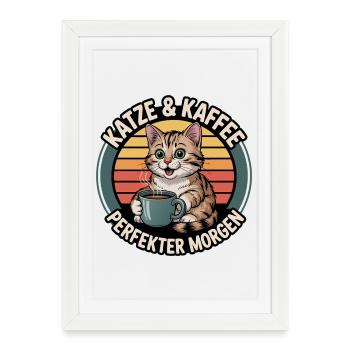Chat et café Perfect Morning - Affiche encadrée (27 × 37 cm) - blanc - Devant