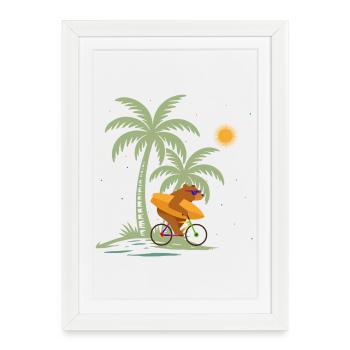 Bear with surfboard on bicycle under palm trees - Framed poster (27 × 37 cm) - white - Front