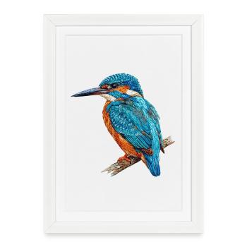 Martin-pêcheur brodé avec style naturel (imprimé) - Affiche encadrée (27 × 37 cm) - blanc - Devant