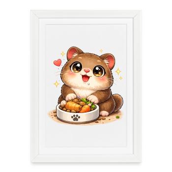 Cuddly catwith food bowl - Framed poster (27 × 37 cm) - white - Front