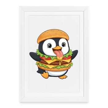 Mignon Pingouin Cartoon Cheeseburger - Affiche encadrée (27 × 37 cm) - blanc - Devant