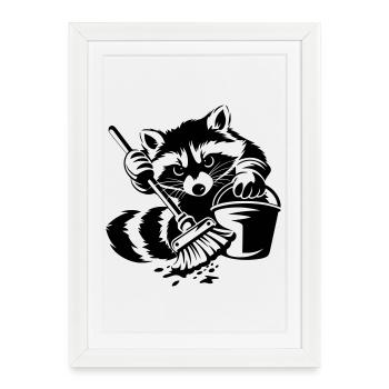 Raccoon with bucket & mop - Framed poster (27 × 37 cm) - white - Front