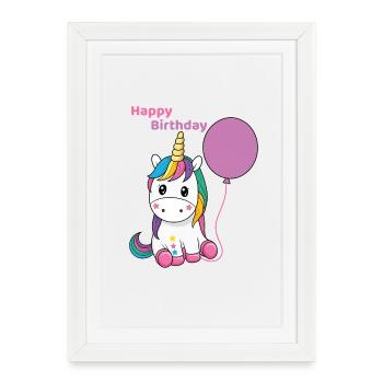 Licorne d’anniversaire avec ballon - Affiche encadrée (27 × 37 cm) - blanc - Devant