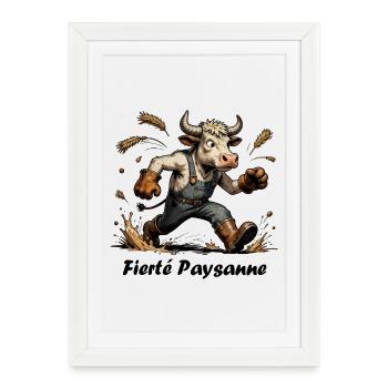 Fierté Paysanne, vache en salopette et botte - Affiche encadrée (27 × 37 cm) - blanc - Devant