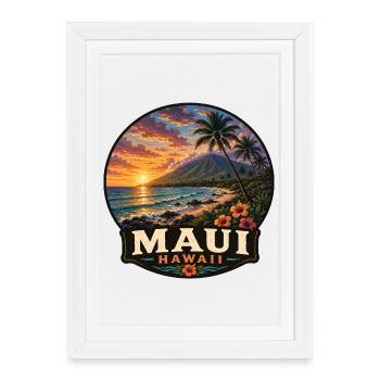 Île de vacances à Hawaï : Volcan Sunset Beach - Affiche encadrée (27 × 37 cm) - blanc - Devant