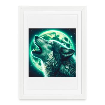 Le loup hurle à la pleine lune - Affiche encadrée (27 × 37 cm) - blanc - Devant