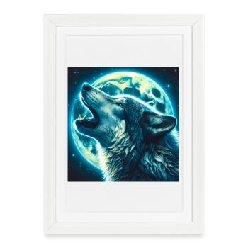 Le loup hurle à la pleine lune - Affiche encadrée (27 × 37 cm) - blanc - Devant