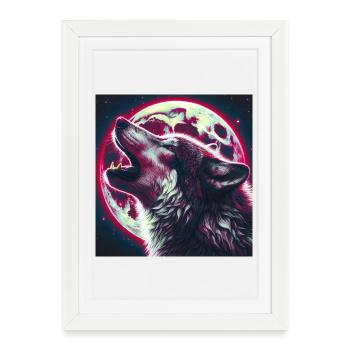 Le loup hurle à la pleine lune - Affiche encadrée (27 × 37 cm) - blanc - Devant