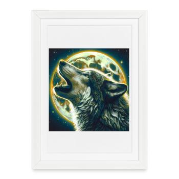 Le loup hurle à la pleine lune - Affiche encadrée (27 × 37 cm) - blanc - Devant