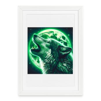 Le loup hurle à la pleine lune - Affiche encadrée (27 × 37 cm) - blanc - Devant