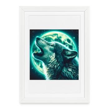 Le loup hurle à la pleine lune - Affiche encadrée (27 × 37 cm) - blanc - Devant