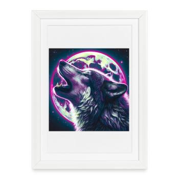 Le loup hurle à la pleine lune - Affiche encadrée (27 × 37 cm) - blanc - Devant