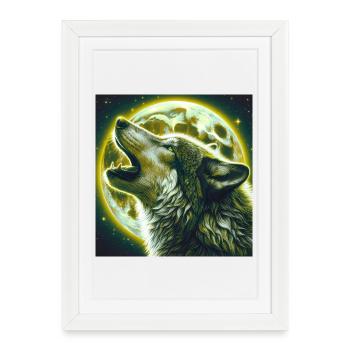 Le loup hurle à la pleine lune - Affiche encadrée (27 × 37 cm) - blanc - Devant