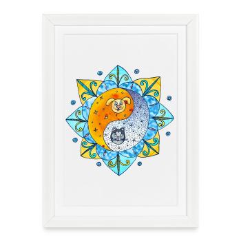 Chien de chat Mignon Yin Yang Symbole Mandala - Affiche encadrée (27 × 37 cm) - blanc - Devant