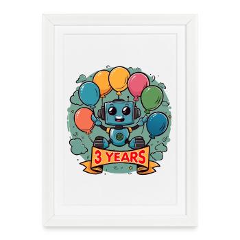3 ans d’anniversaire petit robot avec des ballons - Affiche encadrée (27 × 37 cm) - blanc - Devant