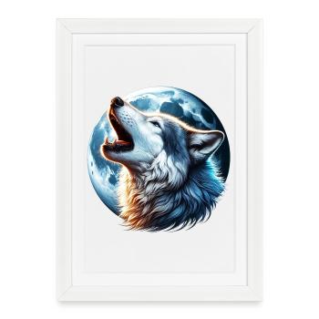 Le loup hurle à la pleine lune - Affiche encadrée (27 × 37 cm) - blanc - Devant