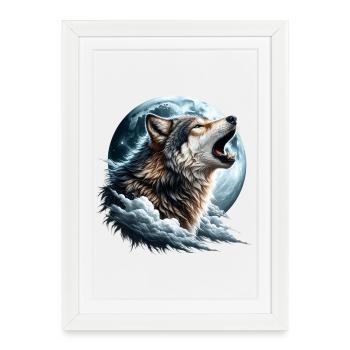 Le loup hurle à la pleine lune - Affiche encadrée (27 × 37 cm) - blanc - Devant