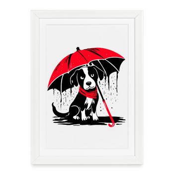Dog with umbrella - bad weather - Framed poster (27 × 37 cm) - white - Front