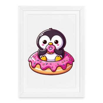 Cute Penguin Donut Dessert Snacking Yummy - Framed poster (27 × 37 cm) - white - Front