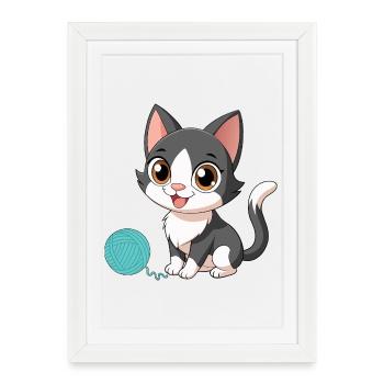 Chaton kawaii noir et blanc avec pelote (v02) - Affiche encadrée (27 × 37 cm) - blanc - Devant