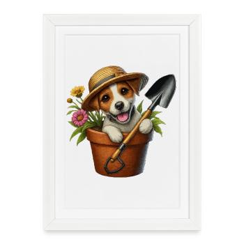 Jack Russell terrier pot de fleurs design de jardin - Affiche encadrée (27 × 37 cm) - blanc - Devant