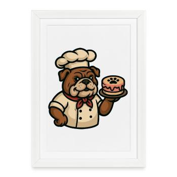 Chef Bulldog tenant un gâteau de patte dessin animé - Affiche encadrée (27 × 37 cm) - blanc - Devant