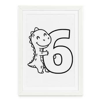 Dinosaur with number 6 cartoon illustration - Framed poster (27 × 37 cm) - white - Front