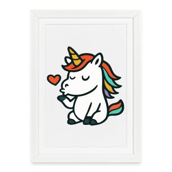Licorne mignonne envoyant un baiser en forme de cœur dans un style doux - Affiche encadrée (27 × 37 cm) - blanc - Devant