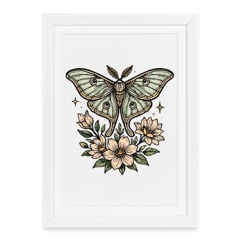 Papillon de nuit avec bouquet de fleurs - Affiche encadrée (27 × 37 cm) - blanc - Devant