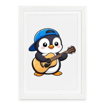 Cool Penguin Guitariste Musicien Guitare Rock - Affiche encadrée (27 × 37 cm) - blanc - Devant