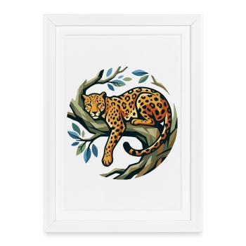 Léopard dans une couronne d’arbres posée sur une branche à motif léopard - Affiche encadrée (27 × 37 cm) - blanc - Devant