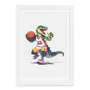 Basketball Dinosaurier T-Rex Basketballspieler - Gerahmtes Poster (27 × 37 cm) - Weiß - Vorne