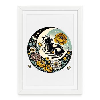 Moonlit Calf with Floral Moon - Framed poster (27 × 37 cm) - white - Front