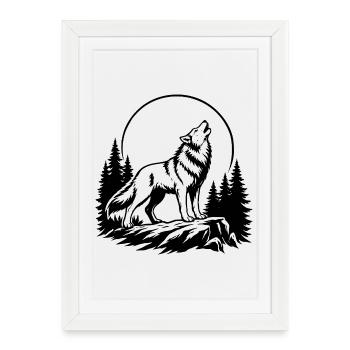 Wolf with Full Moon - Framed poster (27 × 37 cm) - white - Front