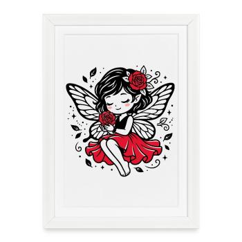 Fée aux ailes de rose en robe rouge - Affiche encadrée (27 × 37 cm) - blanc - Devant