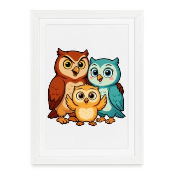 Colorful Owl Family Cartoon - Framed poster (27 × 37 cm) - white - Front