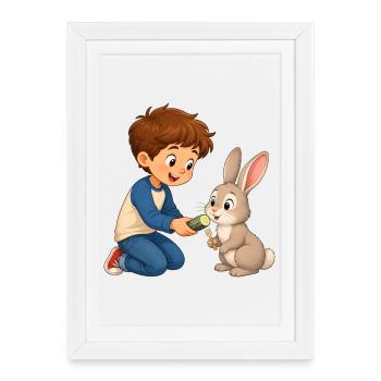 Le lapin reçoit du concombre du garçon joyeux - Affiche encadrée (27 × 37 cm) - blanc - Devant