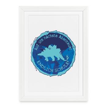 Emblème d’aventure du dino Stegosaurus – L’école enfin - Affiche encadrée (27 × 37 cm) - blanc - Devant