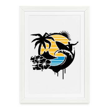 un palmier, fleurs d'hibiscus, une île,une vague - Affiche encadrée (27 × 37 cm) - blanc - Devant