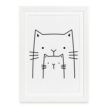 2 chats - cadeau de dessin pour les propriétaires de chat - Affiche encadrée (27 × 37 cm) - blanc - Devant